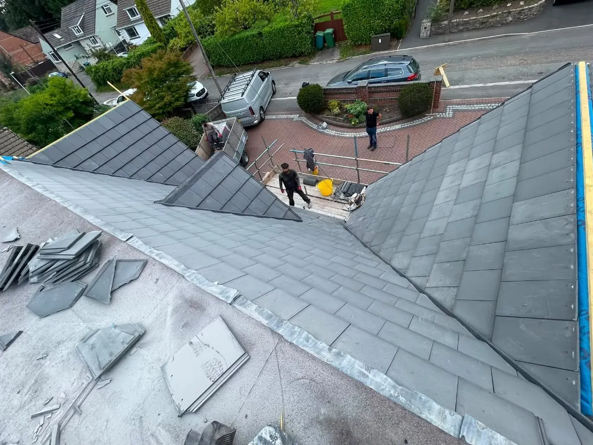 New slate-effect roof being finished, aerial view